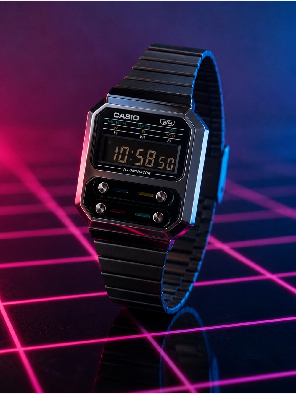 Vintage Casio Illuminator Black ion Metal Retro Digital Watch Stainless